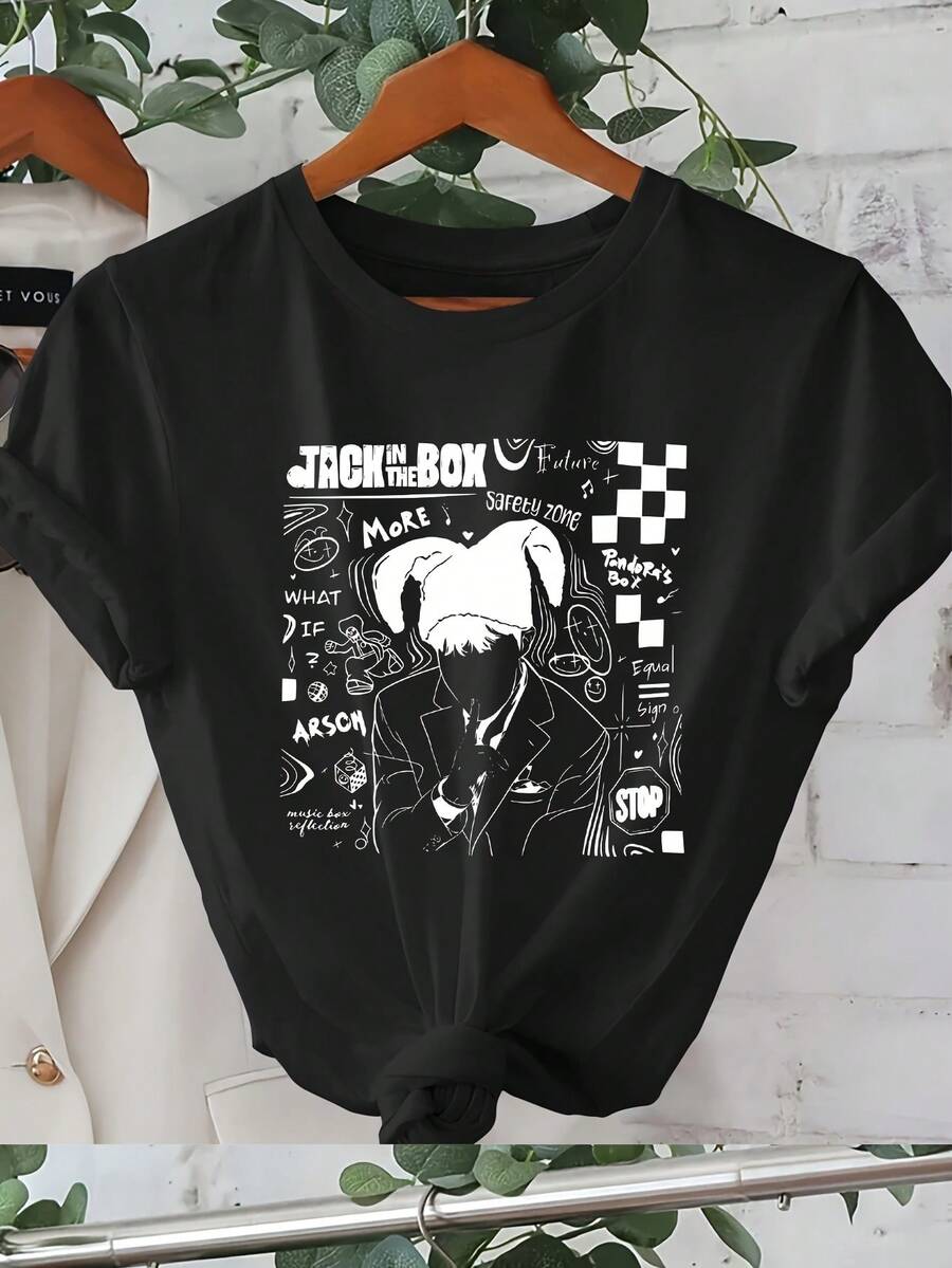Camiseta Casual para Mujer con Estampado "JACK IN THE BOX" - Manga Corta, Cuello Redondo, Diseño de Dibujos Animados con Borde a Cuadros, Top de Verano y Primavera, Ropa Casual|Estampado Divertido|Short Sleeve Shirtofertas playera de hombretops sudaderas para mujer Y2k Camiseta Camisa De - Negro - Ver 1