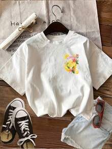 Casual Short-Sleeved T-Shirt With A Round Neck And Graphic Design, Perfect For Summer And Spring, Designed For Plus-Size Women. - White - View 3