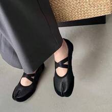 French-Style Cross-Strap Split-Toe  Shoes For Women, PU Leather Flat Ballet Shoes, Mary Jane Single Shoes For Women - 黑色 - 查看 4