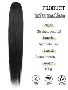 Extensiones de cola de caballo con cordón, cola de caballo larga y recta falsa, extensiones de cabello sintético natural y suave con clip, pieza de cabello resistente al calor - Negro - Ver 3
