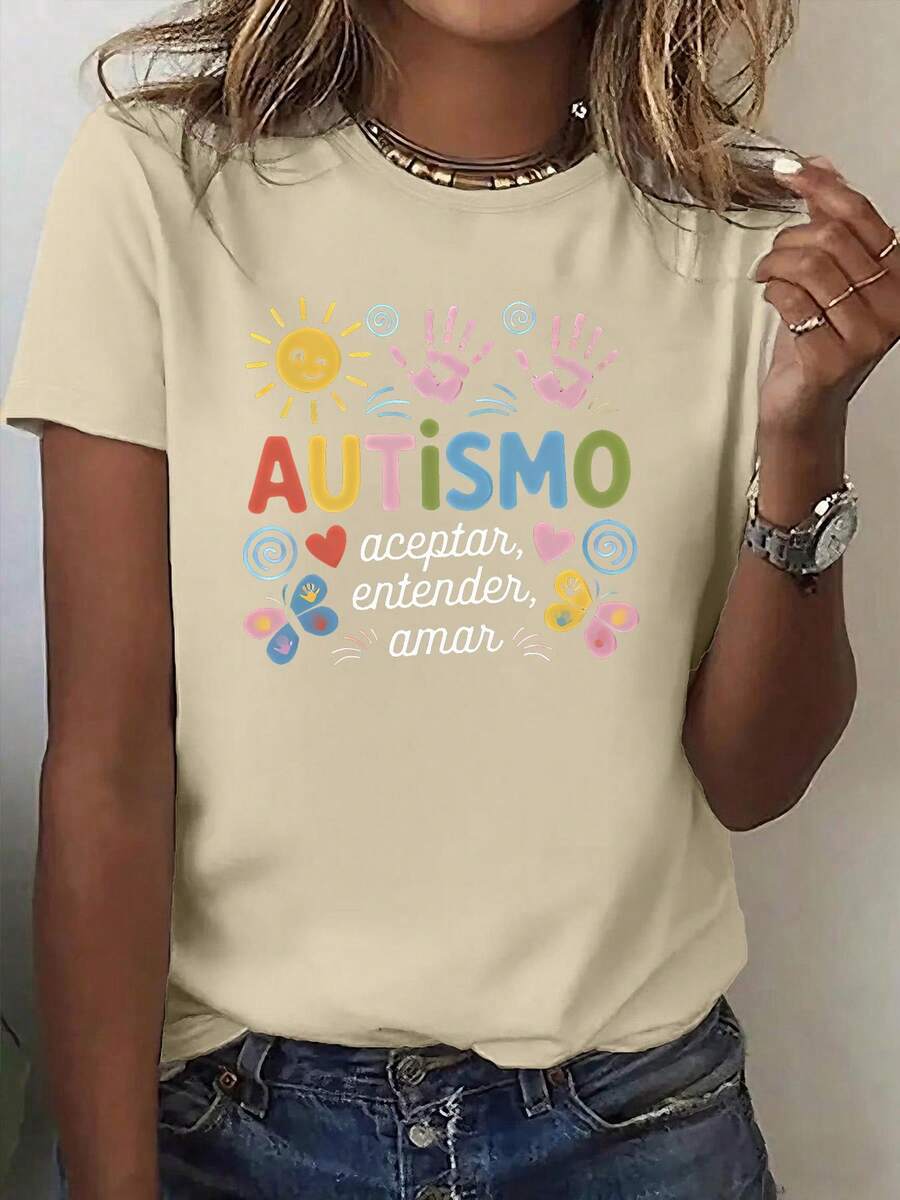Women's Casual T-Shirt - Palm And Butterfly Print Design, Autism Awareness Theme - Printed Style - Women's Casual Sports T-Shirt - Short Sleeve, Suitable For All Seasons, Comfortable Fabric, Urban Style, Perfect For Everyday Wear, 100% Cotton - 杏色 - 查看 1