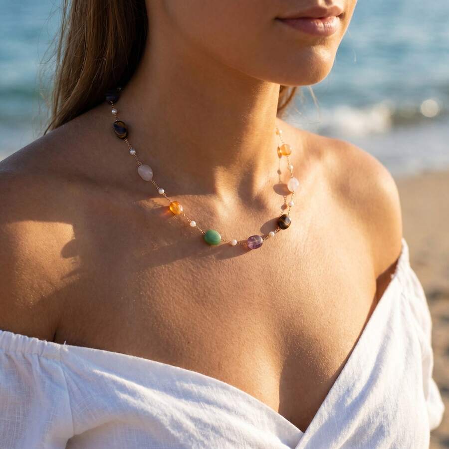 1 chiếc vòng cổ đá tự nhiên và ngọc trai cầu vồng có thể điều chỉnh, vòng cổ choker nhiều lớp kiểu Bohemian, đa năng cho đeo hàng ngày, đi biển, đi nghỉ mát. - Nhiều màu - Xem 1