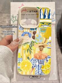 1pc Fashionable Lemon Element Striped Wine Glass Pattern Litchi Texture Anti-Drop Anti-Slip Soft Phone Case Compatible With Apple, Phones - Multicolor - View 1