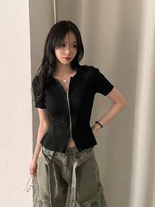 Áo croptop tay ngắn dệt kim hai khóa kéo mới về, kiểu dáng ôm sát đa năng dành cho nữ, màu đen. - màu đen - Xem 1