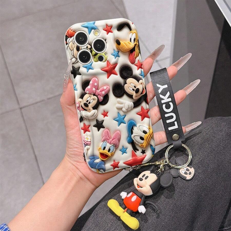 Disney Mickey Mouse Clubhouse Phone Case : 3D Fluffy Pattern Border Protector Phone Soft Phone Case With A Free Cute Mickey Bracelet Chain Lanyard, Mickey, Minnie, Goofy, Donald Duck, Daisy Duck, Pluto, For Apple 17 Promax 17 Pro 16 15 14 13 12 11 Pro Max XS Max X XR Soft Cover Summer Phone Case - trắng - Xem 1