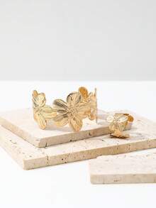 Conjunto de 2 peças de joias femininas com design floral moderno, criativo, simples e elegante, em estilo europeu e americano. - Ouro amarelo - Ver 2