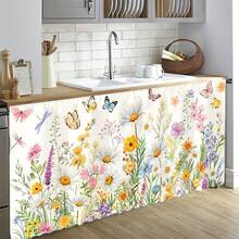 1pc Colorful Wild Flower & Butterfly Print Polyester Short Plush Tablecloth, Convenient Hanging Curtain For Kitchen Cabinet, Ideal Home Decor For Kitchen, Laundry, Storage Cabinets, Also Suitable For Window Curtains - Multicolor - View 5