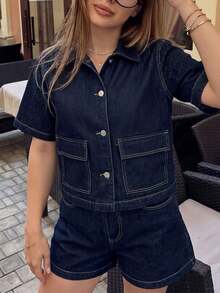 Conjunto de mezclilla de lavado oscuro clásico, diseño minimalista casual inspirado en el vintage, para uso diario en verano - Azul lavado oscuro - Ver 1
