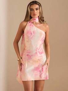 Vestido mini de satén elegante con hombros asimétricos y espalda descubierta en unicolor amarillo crema, vestido mini elegante con estampado, vestido mini sexy con espalda descubierta, vestido mini de satén amarillo con espalda descubierta, vest - Rosa Pálido 2 - Ver 4