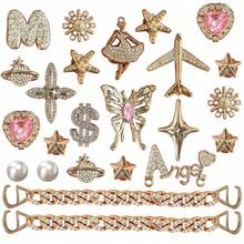Fashionable Girl's Jelly Shoes Charms Set - Bow, Dollar Sign, Star & Flower Decor, Shiny Hole Punch Shoe Accessories - Gold Powder Dancer Chain Set - View 9