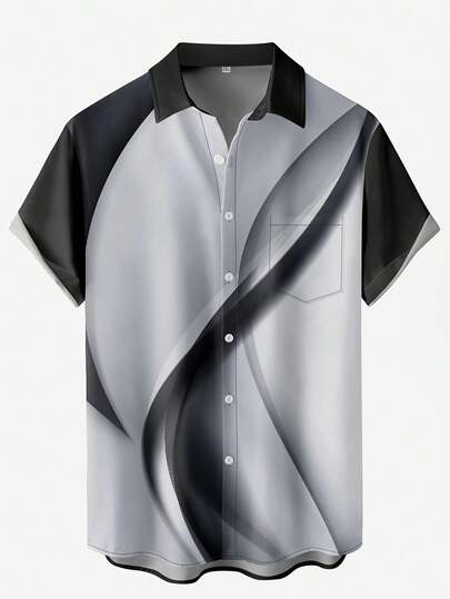Men's Plus Size Casual Holiday Shirt With Colorblock Gradient Artistic Pattern 3D Digital Printing, Shirt Collar Chest Pocket, Vacation & Commute Wear Short Sleeve Shirt