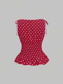 Sweetro Blusa sin mangas elegante con lazo en el hombro, lunares y cordón en la cintura, uso casual y elegante para todos los días - Burdeos - Ver 2