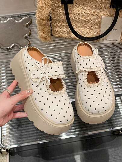 Women's Platform Wedge Sandals, Non-Slip Comfortable Soft Canvas Lace Bow Polka Dot Round Toe Strap Thick Bottom Mary Jane Shoes, European And American College Style, Suitable For Spring/Autumn, Dating, Shopping, Daily Wear, Beige