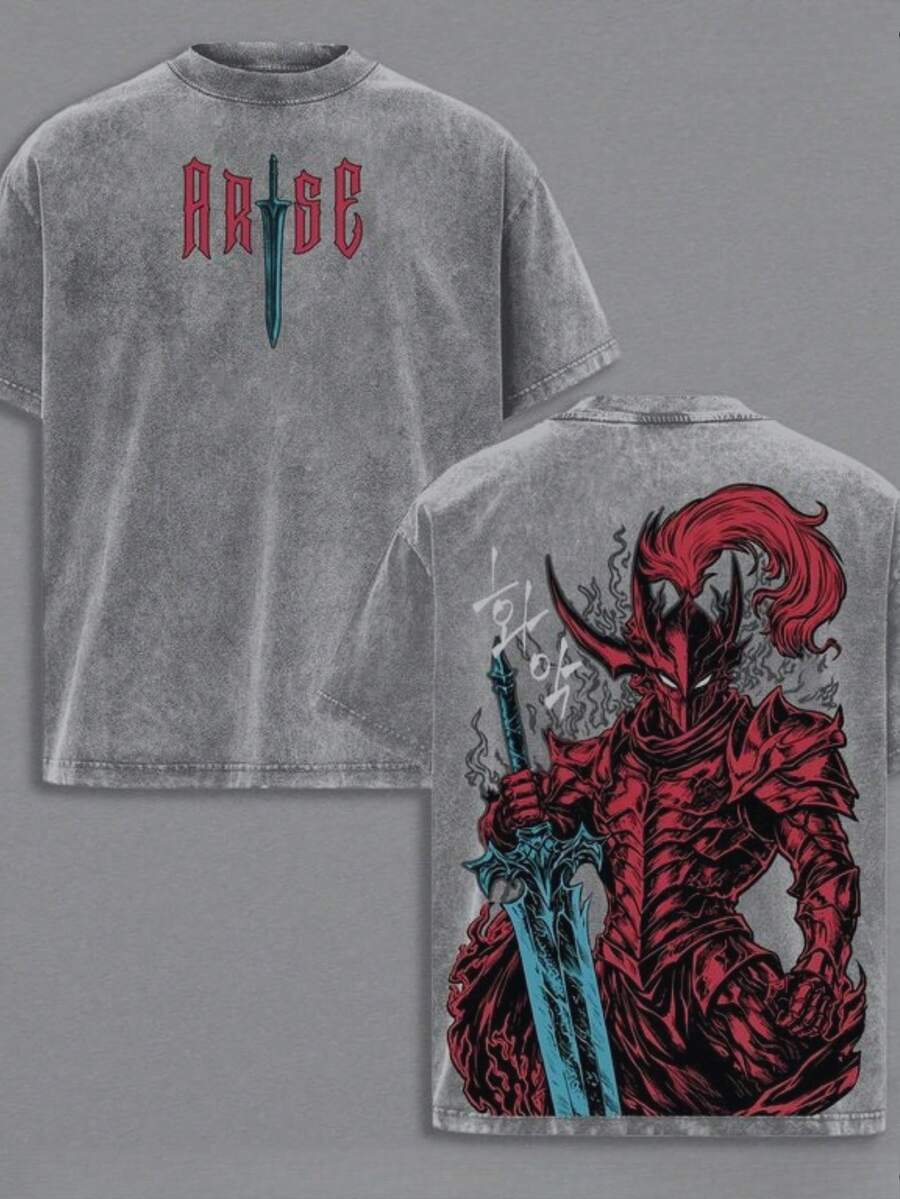 Vintage Washed Cotton T-Shirt With Shadow Knight Commander Anime Print, Absolute Loyalty And Silent Sword Theme, Gift For Anime Fans, Daily Wear For Otakus, T-Shirt, Urban Casual Wear, Gothic Clothing, Summer Clothing Y2K. - 灰色 - 查看 1