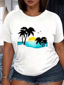 Women's T-Shirt With Tropical Palm Tree And Sunset Print, Graphic Tee For Women, Summer Vacation Theme, Casual Wear, White Shirt, Outdoor Party Outfit, 220G - 白色 - 查看 6
