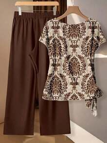 Conjunto de 2 piezas casual de blusa con lazo de estampado de leopardo en contraste y pantalones rectos sueltos - Multicolor 15 - Ver 3