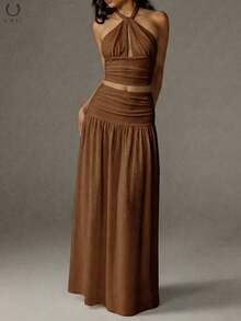 Bộ đồ 2 mảnh dành cho nữ, áo croptop phối cùng chân váy maxi xếp ly làm từ chất liệu vải dệt họa tiết, trang phục thanh lịch cho kỳ nghỉ hè, tiệc tùng trên bãi biển. - màu nâu - Xem 2