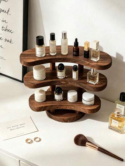 1 Set Vintage Wooden Desktop Perfume & Cosmetic Storage Rack With Cup Holder, Multi-Layer Retro Solid Wood Makeup Organizer, Ideal For Displaying Perfumes, Skincare And Jewelry On Vanity