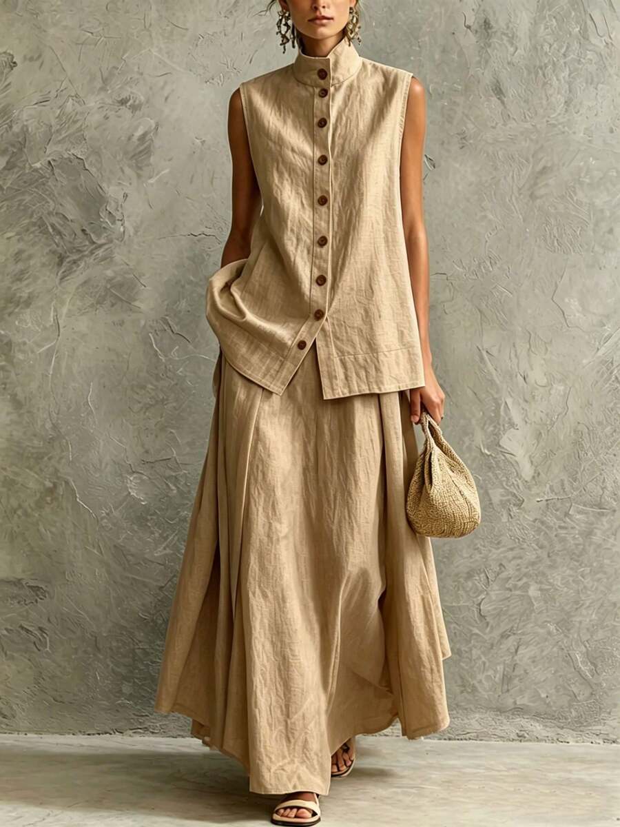 Nuevo 2026 Conjunto Dos Piezas Algodón Lino Drapeado Color Sólido Top Y Falda Estilo Elegante Para Mujer - Caqui - Ver 1