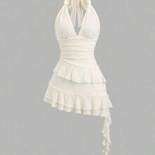Sweetro Romantic Knitted Lace Twist Tie Layered Ruffle Hem Cropped Dress For Women, Sweet Style, Spring/Summer - Azul - Ver 2