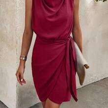 Summer Casual Solid Color Tie-Wrap Sleeveless Dress - Burdeos - Ver 1