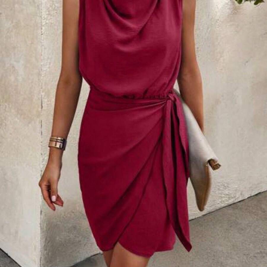 Summer Casual Solid Color Tie-Wrap Sleeveless Dress - Burdeos - Ver 1