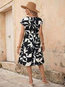 Vestido corto con cuello redondo y manga corta de estampado geométrico, casual para mujer, adecuado para primavera/verano - Negro - Ver 2