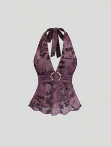Camiseta de tirantes con cuello halter y estampado romántico retro para mujer - Morado - Ver 1