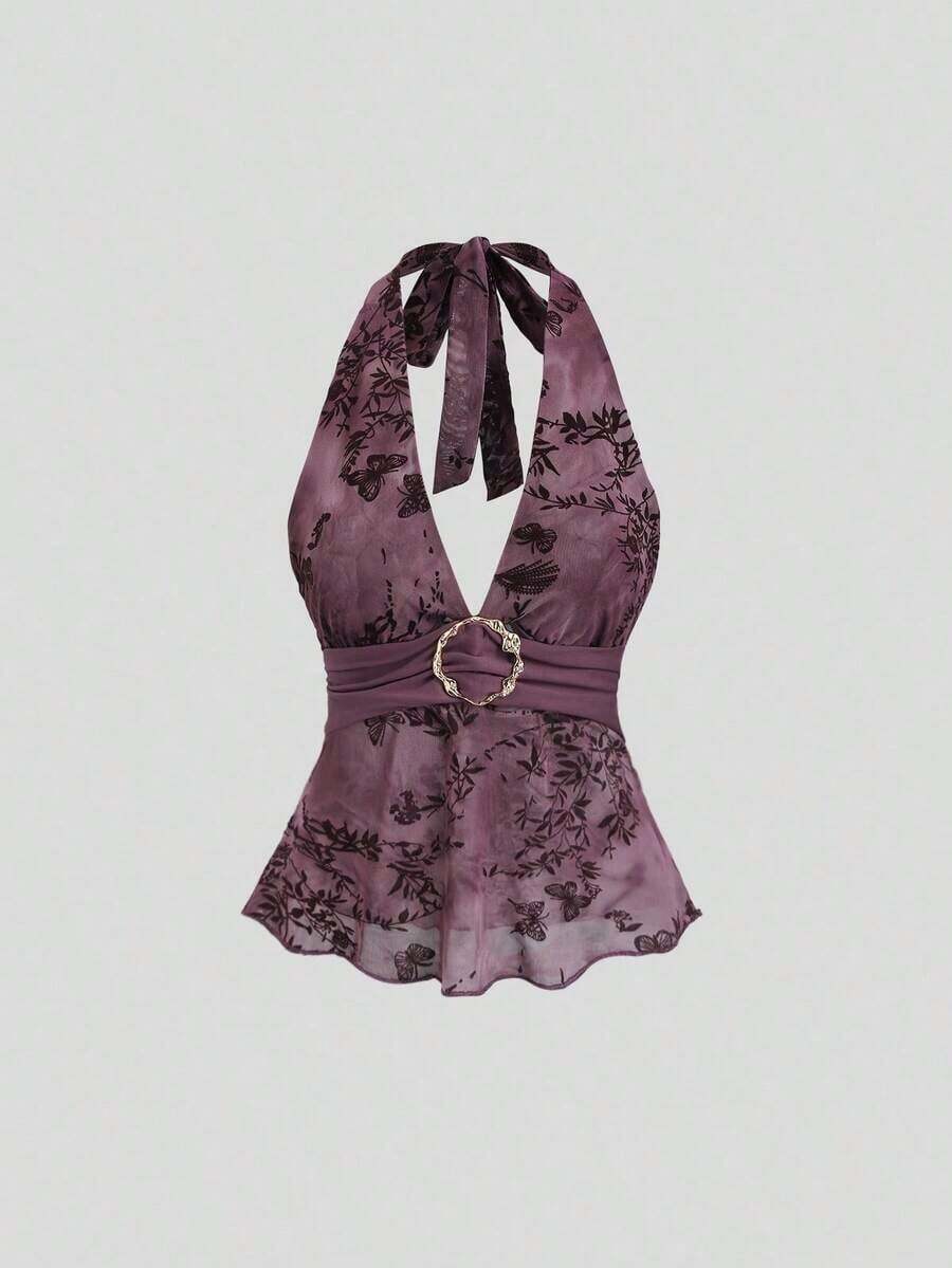 Camiseta de tirantes con cuello halter y estampado romántico retro para mujer - Morado - Ver 1