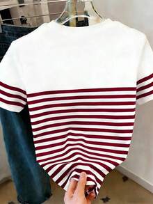 Camiseta de manga corta con cuello redondo y lazo a rayas, de estilo casual para el verano - Multicolor 5 - Ver 2