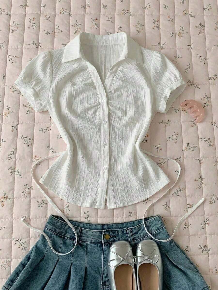 Camisa casual de mujer de manga corta abullonada, de un solo pecho, a rayas azules, ropa de verano - Blanco - Ver 1