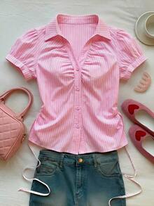 Camisa casual de mujer de manga corta abullonada, de un solo pecho, a rayas azules, ropa de verano - Rosa 2 - Ver 4