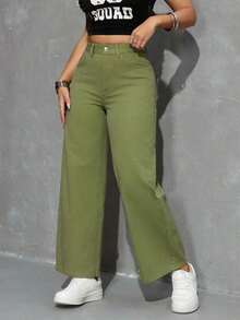 Jeans rectos y sueltos con bolsillos - Verde - Ver 4