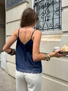 Camiseta de tirantes de mujer de verano casual con estampado de lunares y parches de encaje - Azul marino - Ver 3