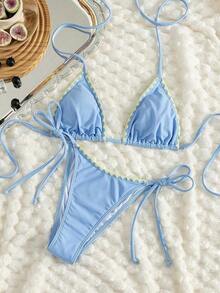 Bikini de mujer de unicolor con escote halter y lazos, estilo sexy, minimalista y elegante para playa, vacaciones, viajes y fiestas, nueva colección primavera/verano - Brotes amarillos azul cielo - Ver 4