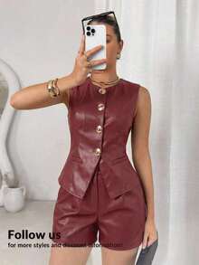Conjunto de 2 piezas para mujer: Chaleco de metal de un solo pecho y shorts para el verano - Burdeos 2 - Ver 3