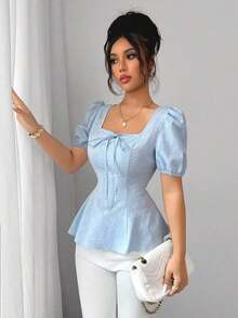 Nueva blusa elegante de mujer con manga de farol de lazo francés y tela jacquard versátil y de moda - Celeste - Ver 5