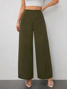 Pantalones de Pierna Ancha de Cintura Alta con Textura para Mujer, Estilo Casual y Sencillo, para la Temporada de Regreso a Clases y Uso Diario - Verde militar - Ver 6