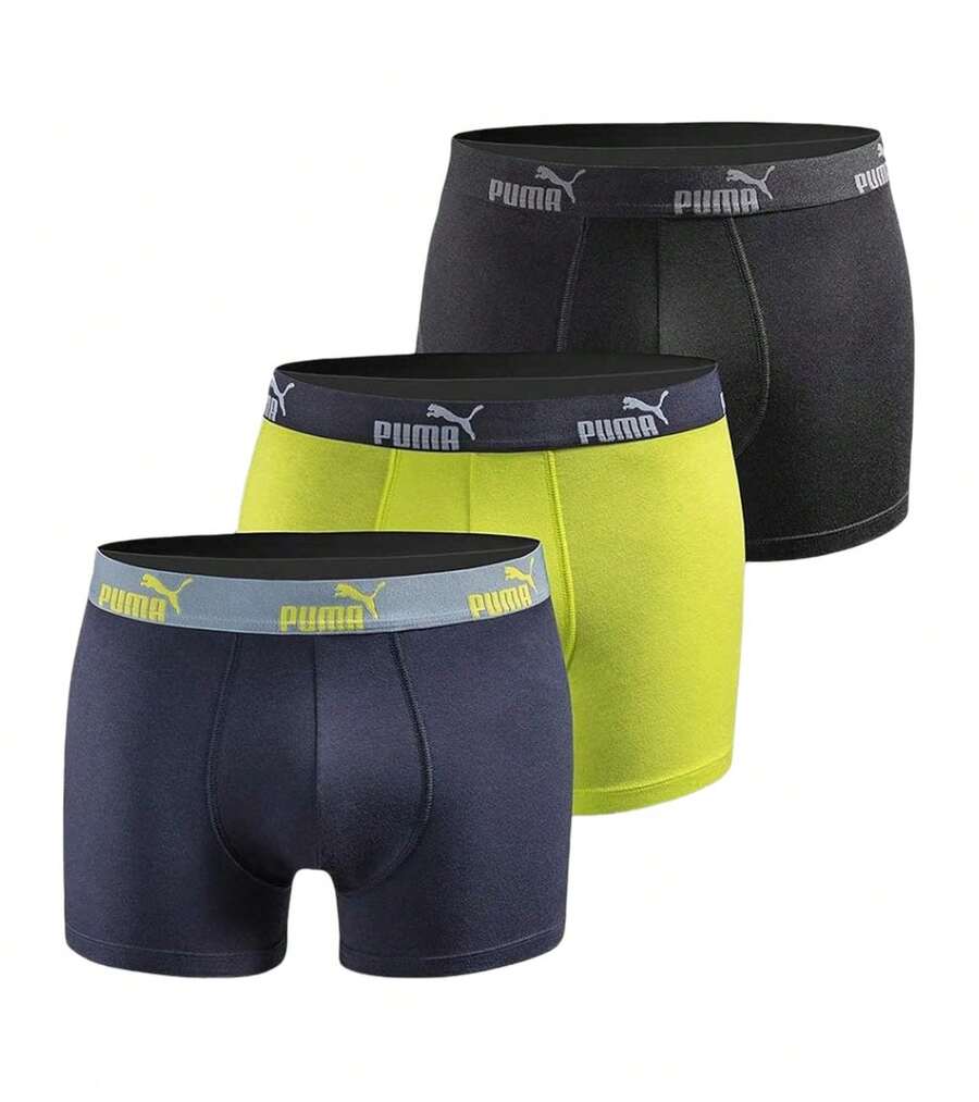 Pacote com 3 cuecas boxer masculinas PUMA, de algodão, nas cores verde limão, cinza e azul. - Multicolorido - Ver 1