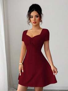 Nuevo vestido de verano con cuello cuadrado, cordón y lunares, con falda acampanada y cintura ceñida, vestido corto elegante para mujeres - Burdeos - Ver 3