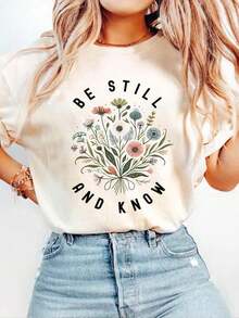 Camiseta de mujer de manga corta con cuello redondo y gráfico floral con eslogan - Blanco - Ver 3