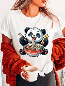 Camiseta de Manga Corta para Mujer con Diseño Divertido de Panda comiendo Ramen - Estampado Kawaii, Cuello Redondo, Material Semitransparente y Lavable a Máquina, Cómoda para Todas las Estaciones, Ropa de Primavera - Blanco - Ver 6