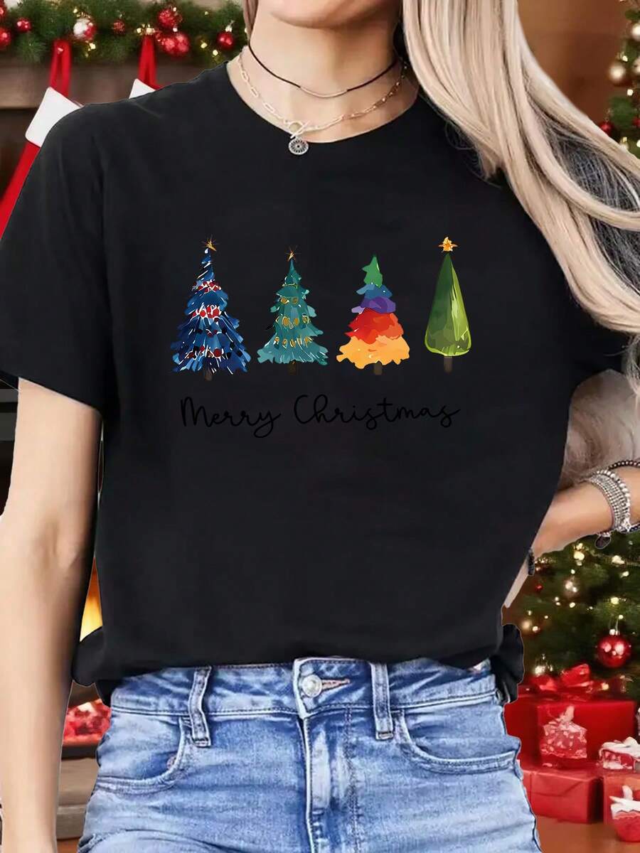 One-Piece Short-Sleeve T-Shirt With Colorful Christmas Tree Print | Sports, Fitness, Running, Fashionable And Fun, Comfortable And Soft, Breathable, Crew Neck, Medium Stretch Fabric, Ideal For Christmas Celebrations And Gifts - 黑色 - 查看 1