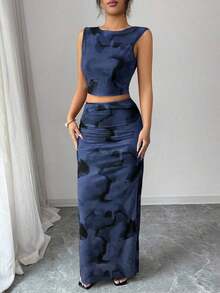 Raffinéa Vestido ajustado de mujer con abertura, de malla con efecto tie-dye degradado sin mangas, conjunto de 2 piezas - Azul marino - Ver 3