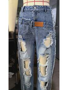 High-Waisted Ripped Jeans With Cuffed Hems, Stylish,  And Street-Style - MÀU XANH NHẠT - Xem 8
