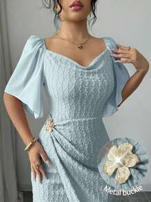Vestido elegante ajustado con cuello de volantes, mangas de pétalos y hebilla metálica de bloque de color para mujer, primavera/verano - Verde - Ver 8