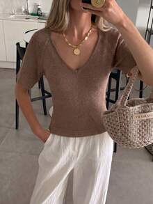 Women's New V-Neck Short Sleeve Knit Top, Sexy - Brownish-brown - View 5