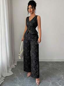 Conjunto de 2 piezas de chaleco y pantalones azules, con estampado de margaritas africanas, jacquard en relieve, elegante y casual para uso diario y de oficina, para mujer - Negro - Ver 6