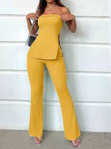 Conjunto de top bandeau y falda larga con abertura alta en color verde sólido para mujer - Amarillo - Ver 6