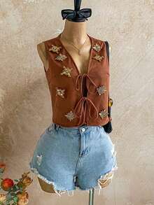 Top de tanque sin mangas de estampado tropical para mujer con cuello en V, frente atado y mangas acampanadas para vacaciones - Óxido marrón - Ver 5